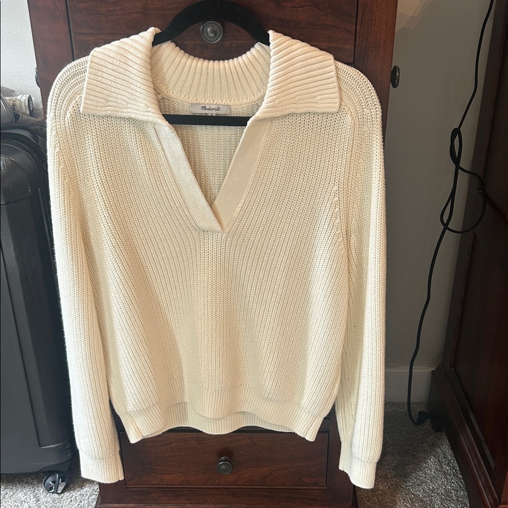 Madewell Cream Ribbed V‑Neck Collared Sweater